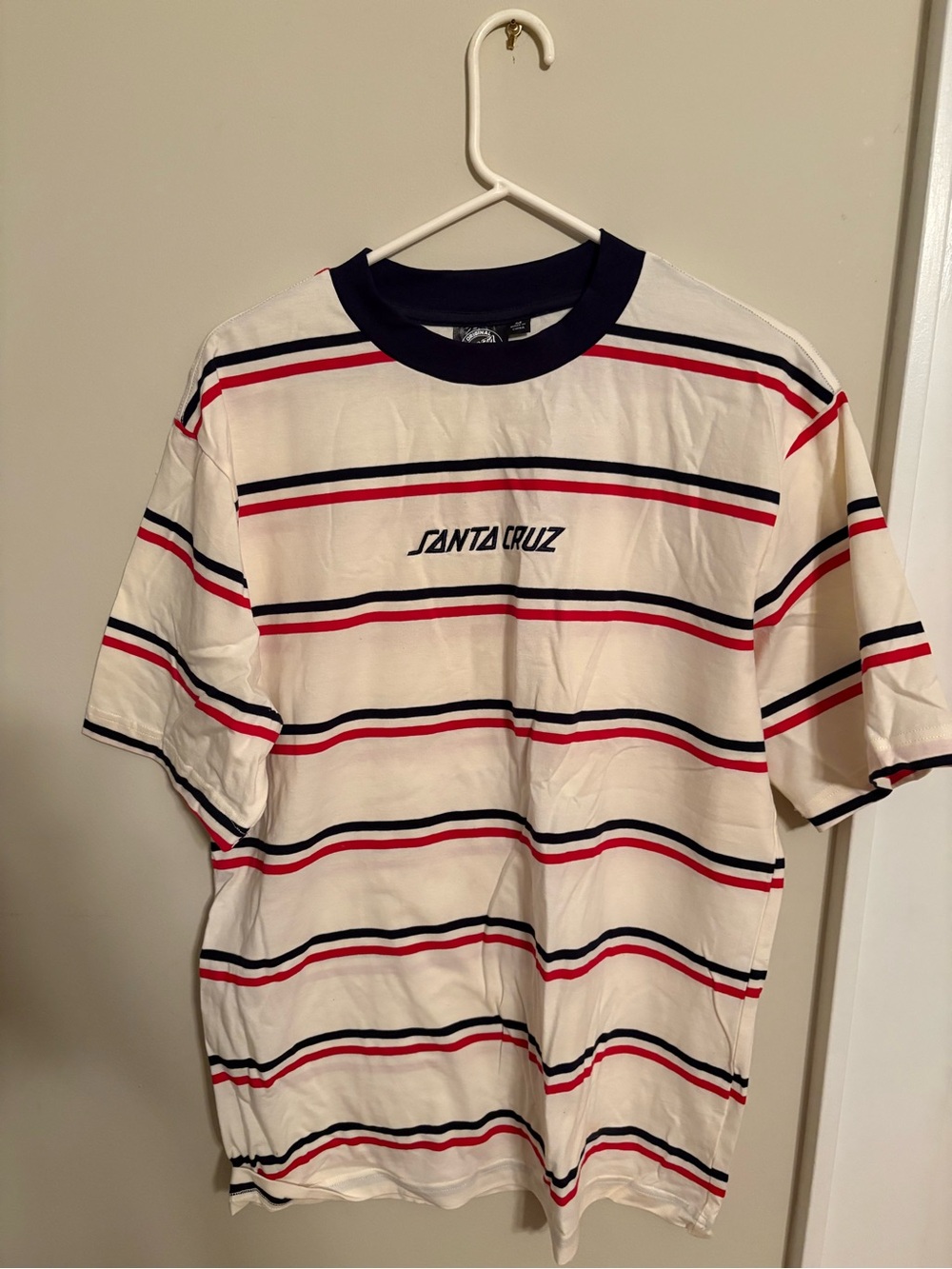 Santa Cruz Skateboards Cream Tee with Navy and Red Stripes